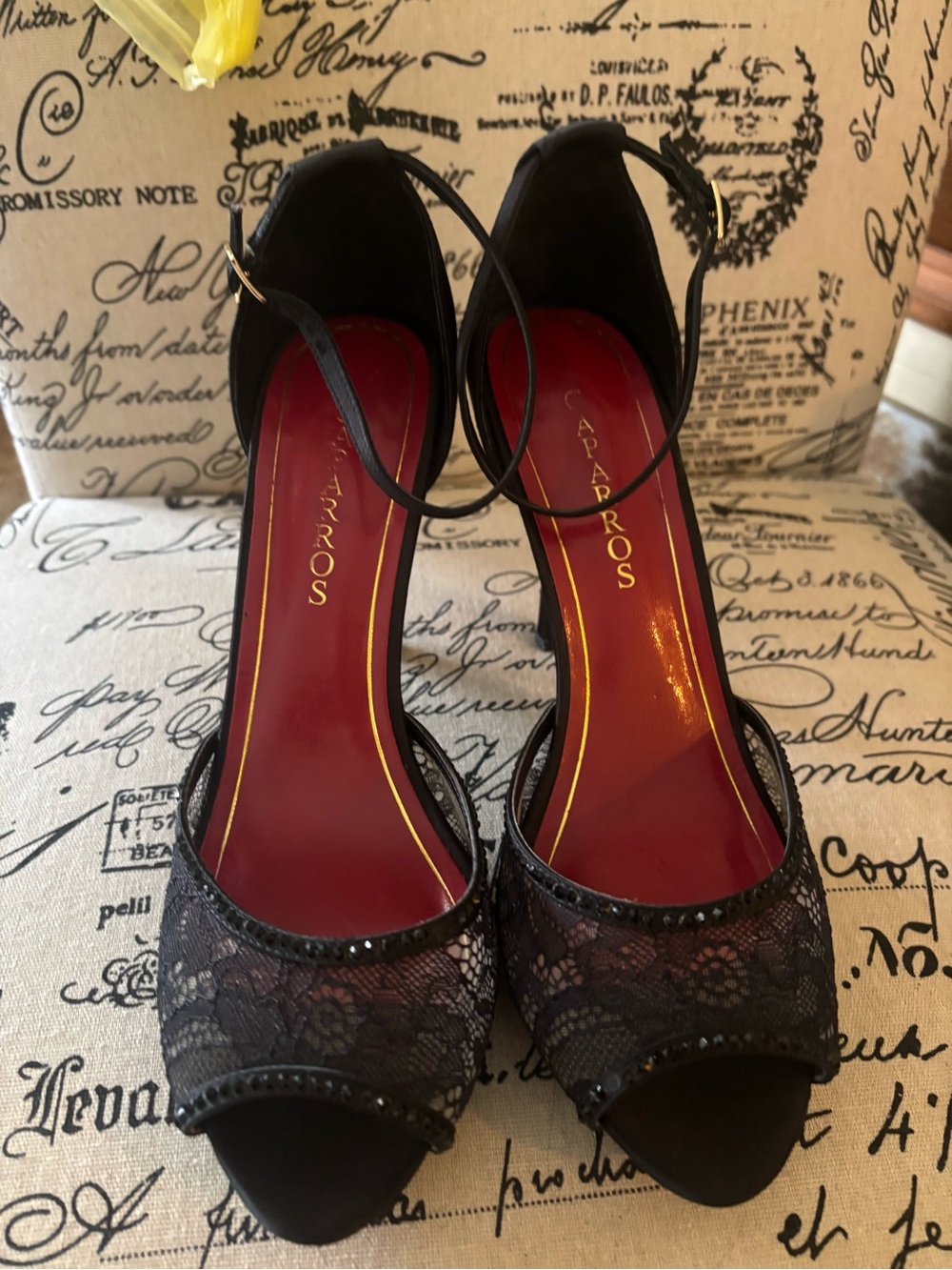 Caparros Black Lace Open-Toe Slingback Heels with Red Insole